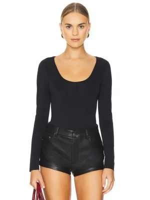 MetuCa Kadın Siyah Geniş U Yaka Uzun Kollu İpek Jarse Kumaş Tanga Kesim Bodysuit Zıbın