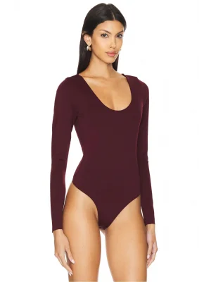 MetuCa Kadın Bordo Geniş U Yaka Uzun Kollu İpek Jarse Kumaş Tanga Kesim Bodysuit Zıbın