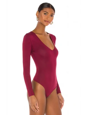 MetuCa Kadın Bordo Derin V Yaka Uzun Kollu Sandy Kumaş Tanga Kesim Bodysuit Zıbın