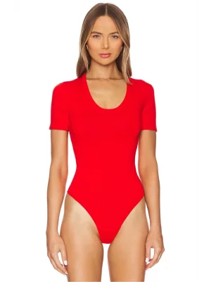 MetuCa Kadın Kırmızı U Yaka Kısa Kollu Jarse Kumaş Vücudu Saran Tanga Kesim Bodysuit Zıbın