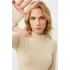 Kadın Bej Balıkçı Yaka Parmak Geçmeli Pamuklu Body Bluz