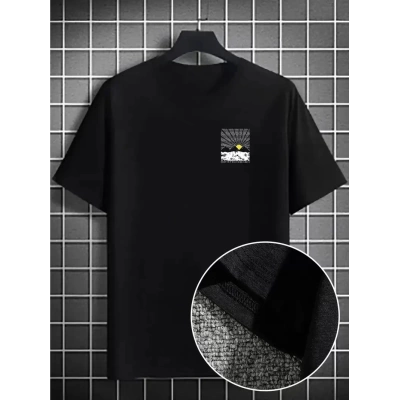 Erkek Dağ Grafikli Tişört, Yaz için Büyük Beden Rahat T-shirt - Siyah