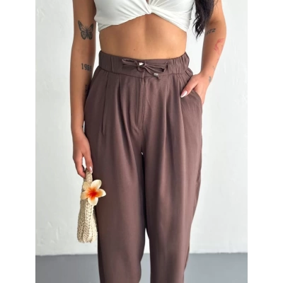 Kadın Yüksel Bel Rahat Paça Pantalon - Kahverengi