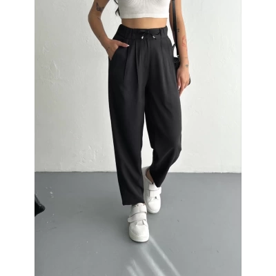 Kadın Yüksel Bel Rahat Paça Pantalon - Siyah