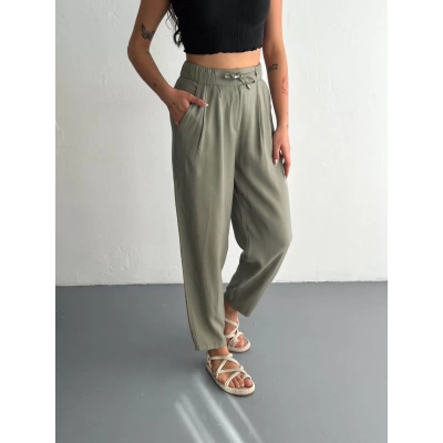 Kadın Yüksel Bel Rahat Paça Pantalon - Su Yeşili