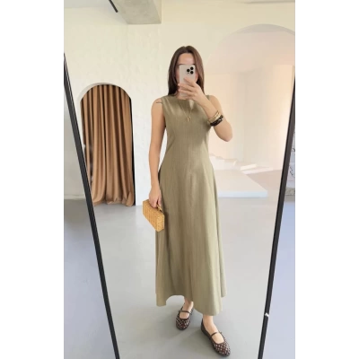 Keten Uzun Kolsuz Elbise- Haki