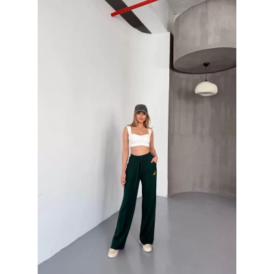 Osy Modal Yumuşak Dokulu Kumaş Nakış işlemeli Rahat Bol Paça Eşofman Pantalon - Haki