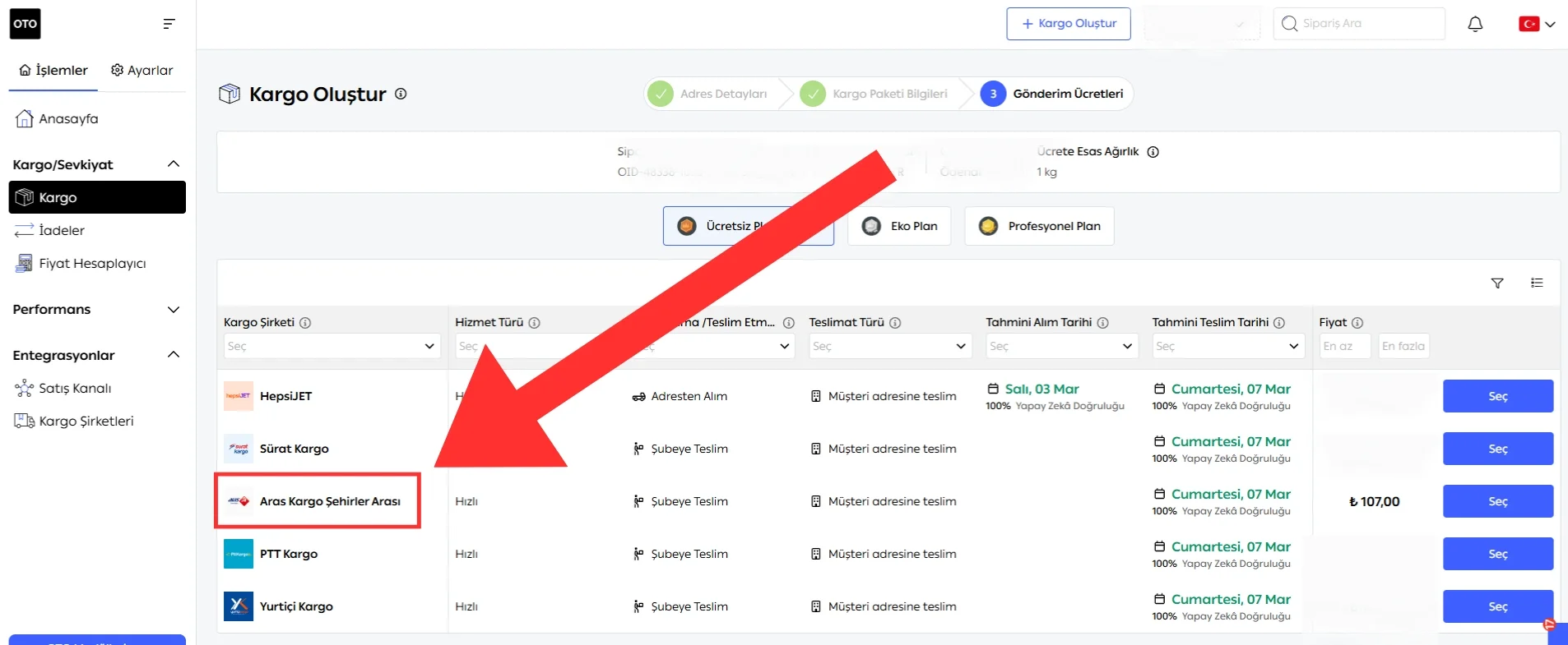 TryOTO Kargo Seçimi