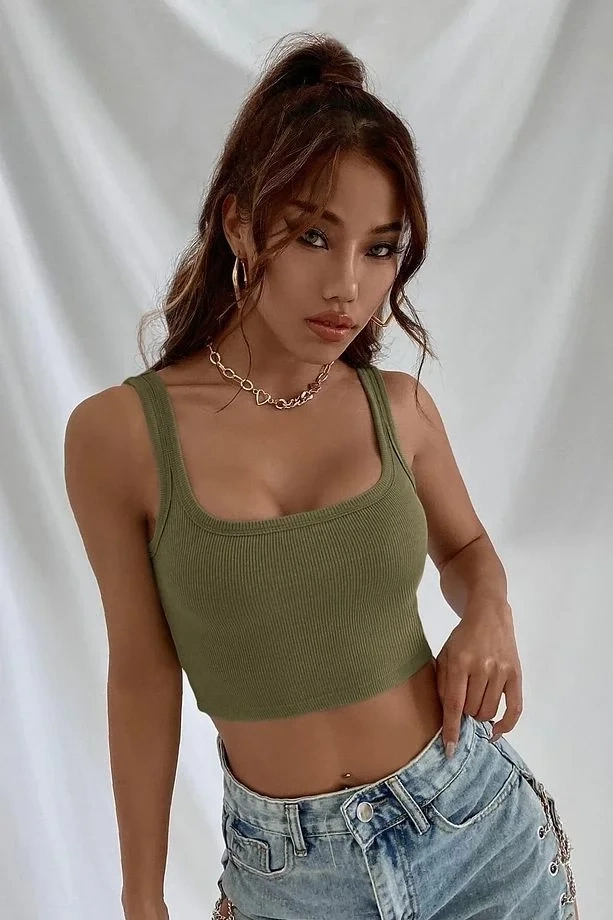 Fitilli Kalın Askılı Pamuklu Örme Crop Bej