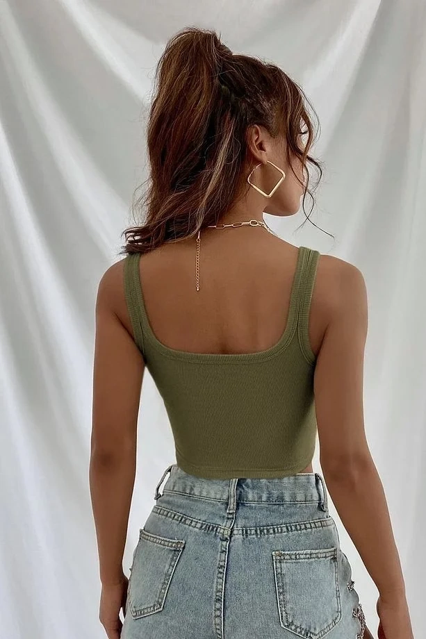 Fitilli Kalın Askılı Pamuklu Örme Crop Bej