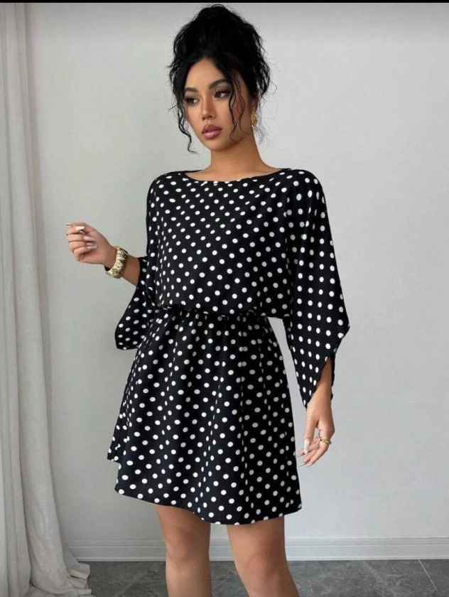 Kadın Puantiyeli örme Krep Mini Elbise (kemersiz)