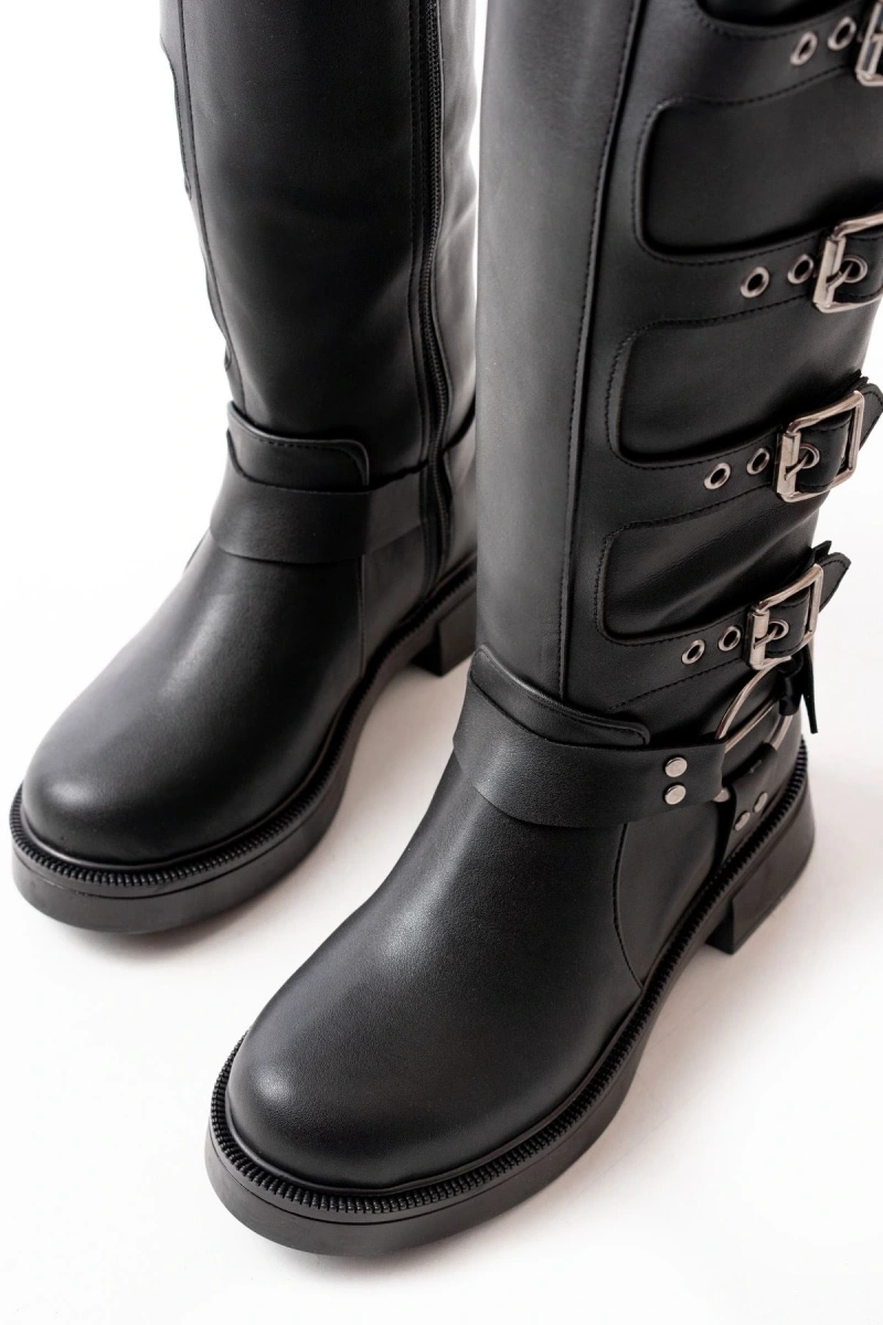 02-346 Siyah Düz Topuklu Günlük Bayan Binici Çizme