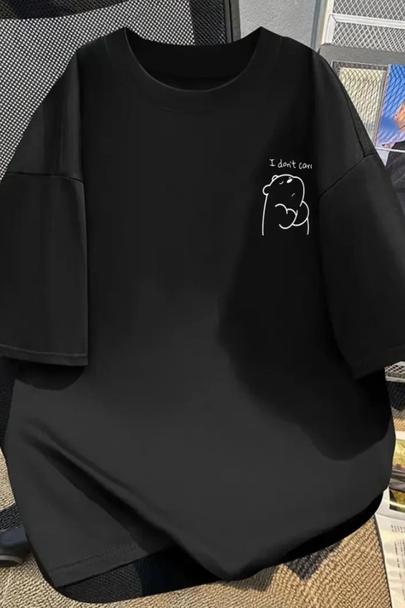 Baskılı Oversize Bisiklet Yaka T-shirt - Siyah