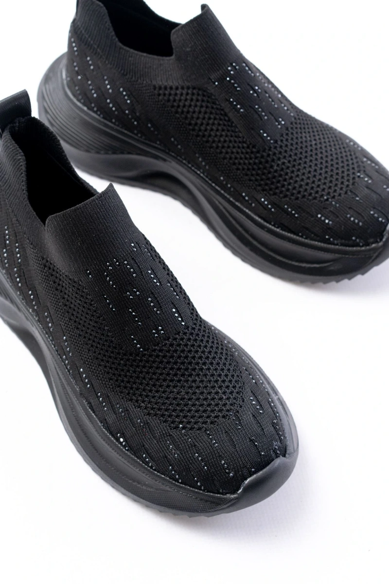 DM-707  Siyah Fileli Faillant Taban Taş Aksesuarlı Günlük Spor Ayakkabı