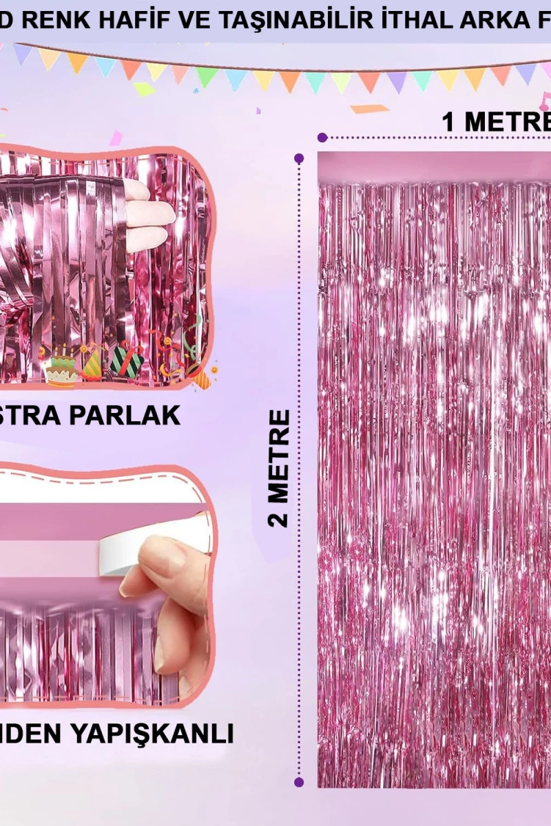 Ekstra Metalize Parlak Saçaklı Arka Fon Perde Rose Gold