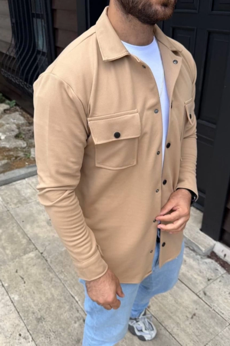 Erkek Diagonal Kumaş Cepli Çıtçıtlı Uzun Kollu, Gömlek Oversize Rahat Kalıp Günlük Şık Stil - Bej