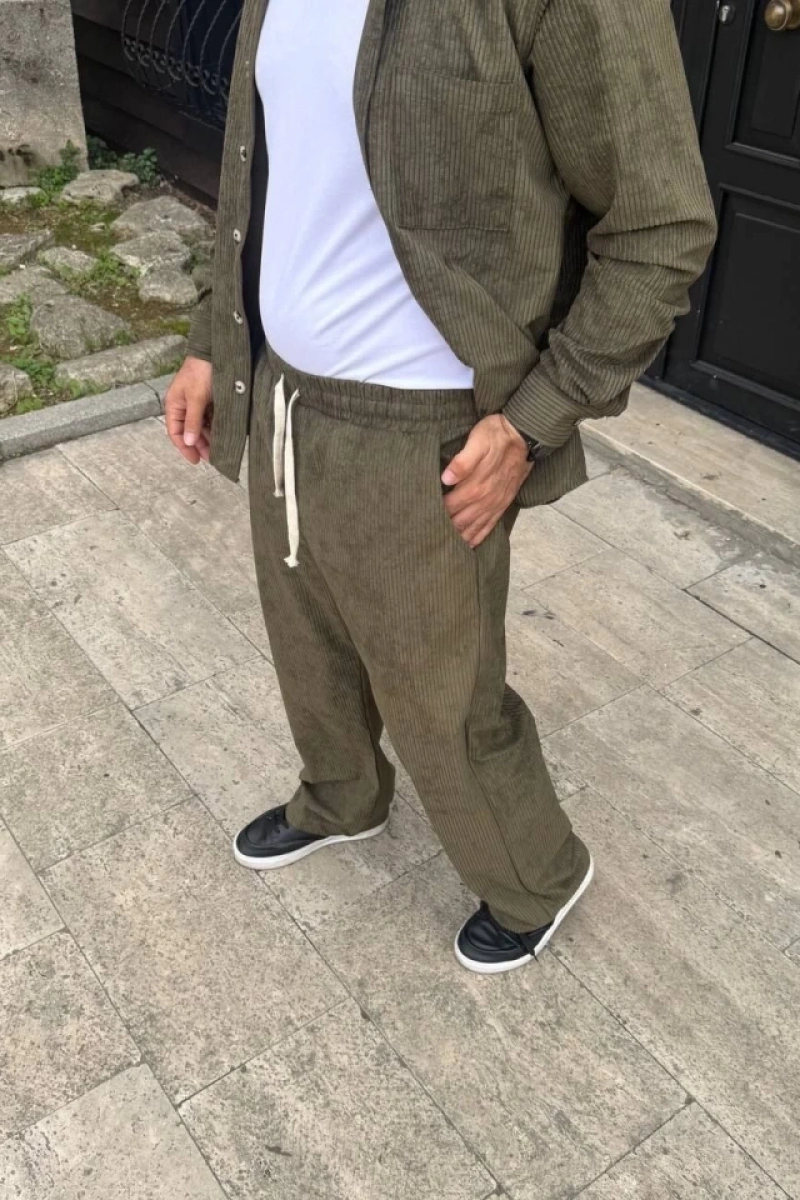 Erkek Fitilli Kadife Cepli Buggy Pantolon Oversize Rahat Kalıp - Haki