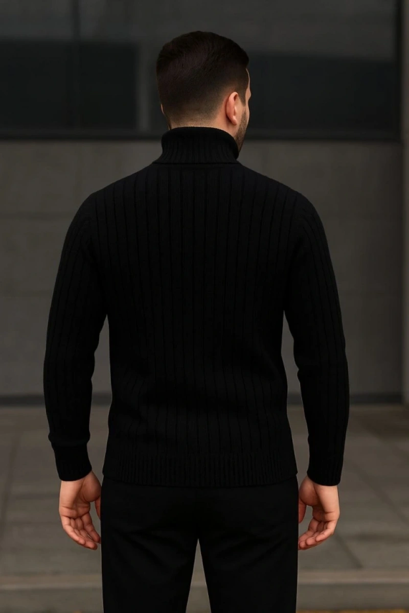 Erkek Fitilli Triko Kazak 2li Set Gri Siyah Regular Balıkcı Yaka Tam Boğazlı Triko Seti Modeli Kazak