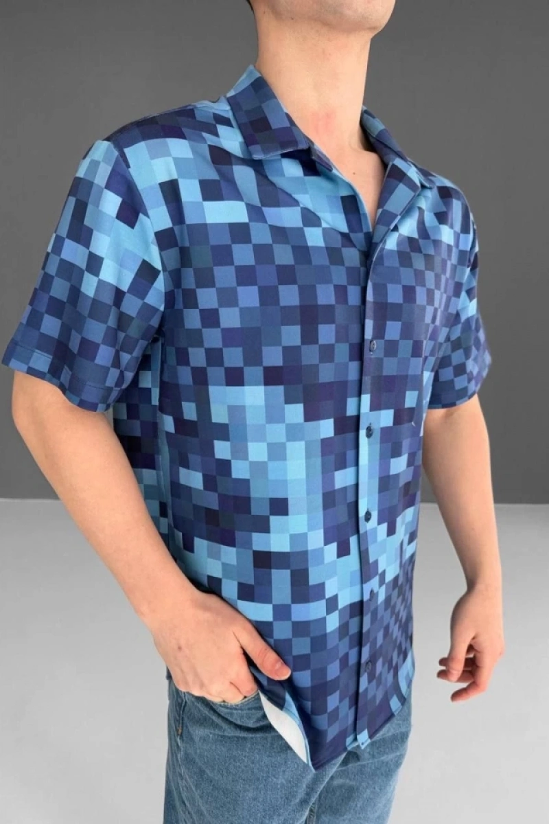 İki İplik Kumaş Baskılı Gömlek - Mavi