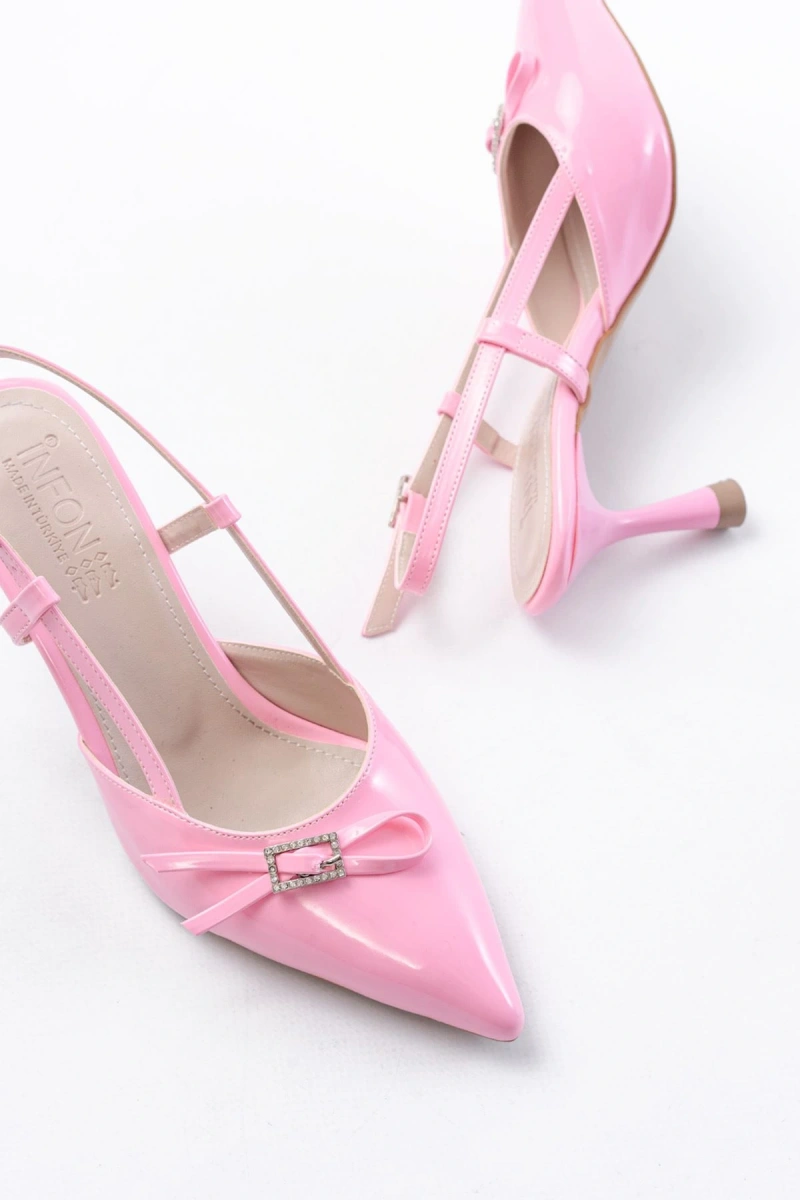 İNF-2300 Pembe Rugan Günlük Arkası Açık Fiyonklu Topuklu Bayan Ayakkabı