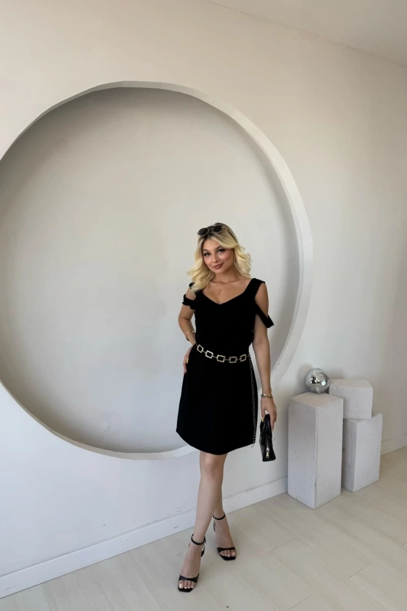 Kadın Askılı Soğuk Omuz Detaylı Modal Elbise
