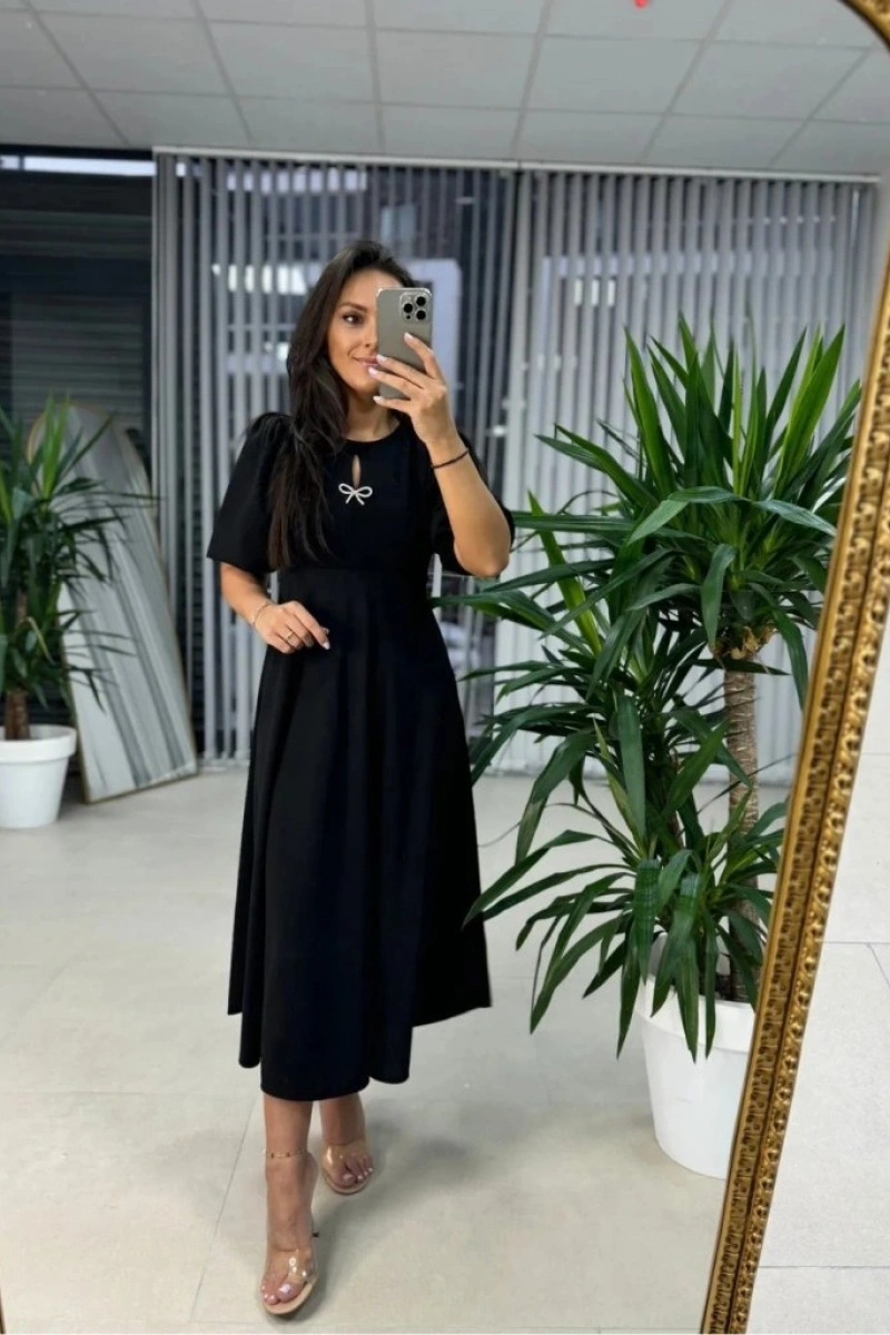 Kadın Kısa Kollu Bisiklet Yaka Fiyonk Broşlu Midi Janjan Krep Elbise