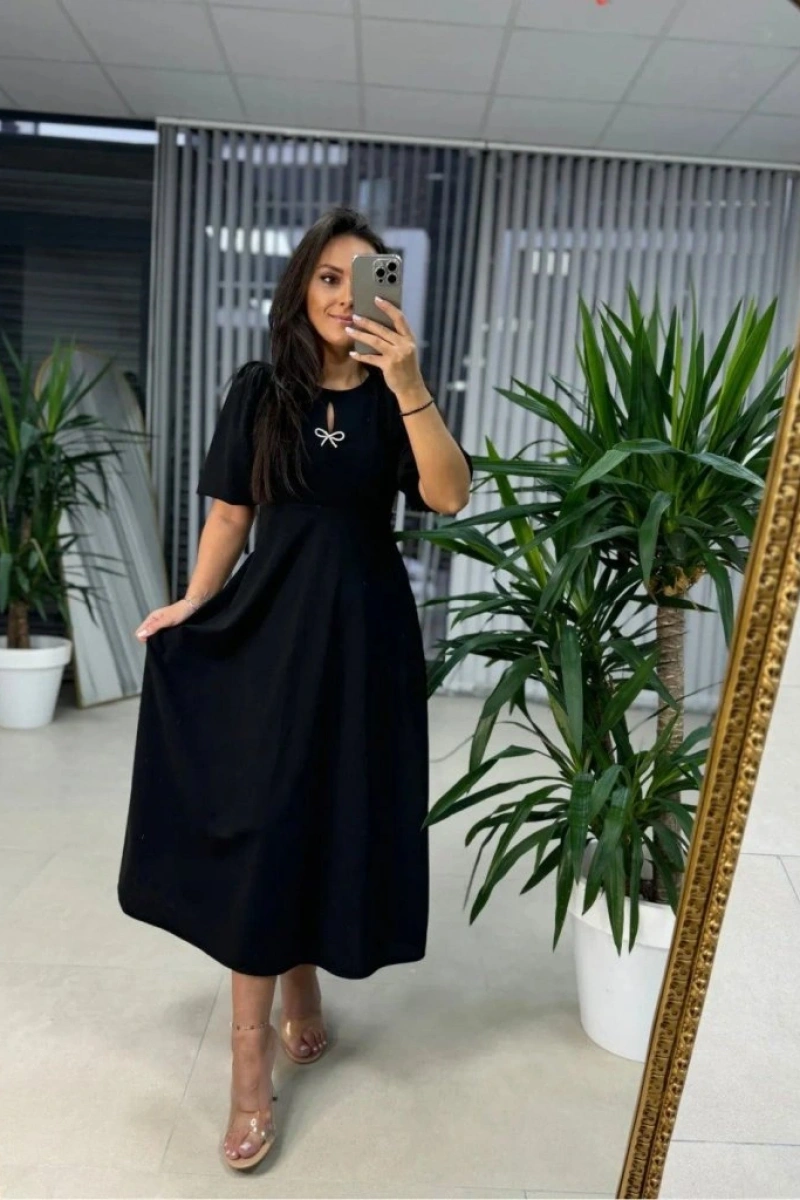 Kadın Kısa Kollu Bisiklet Yaka Fiyonk Broşlu Midi Janjan Krep Elbise