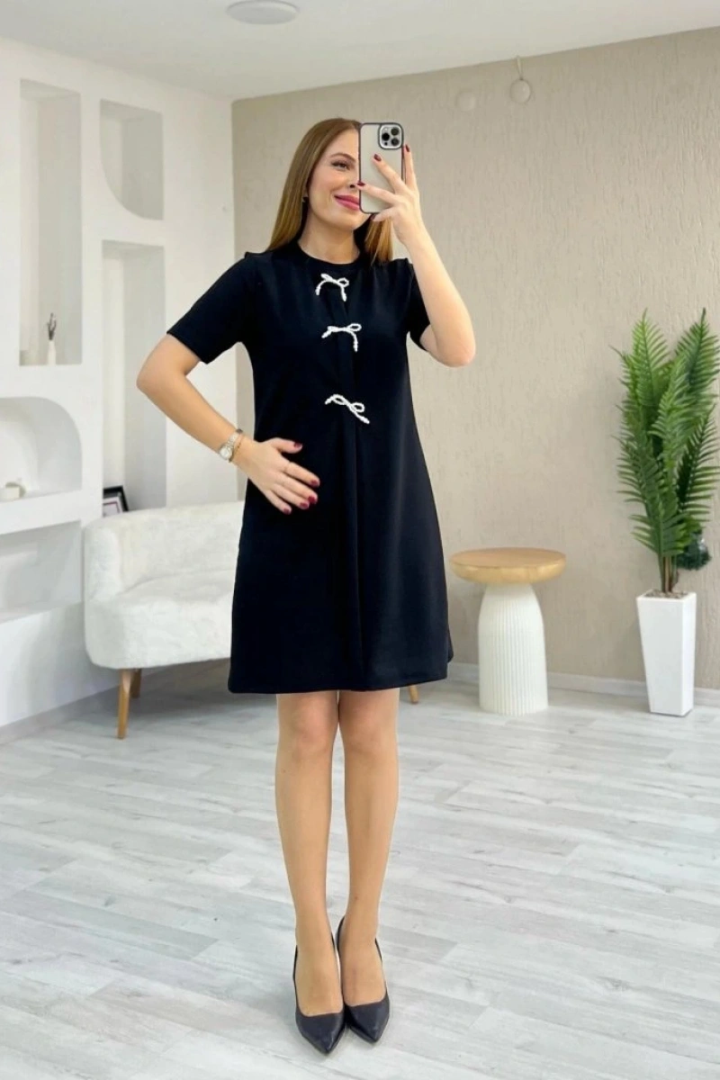 Kadın Kısa Kollu Bisiklet Yaka önden Fiyonk Detaylı Ithal Krep Elbise