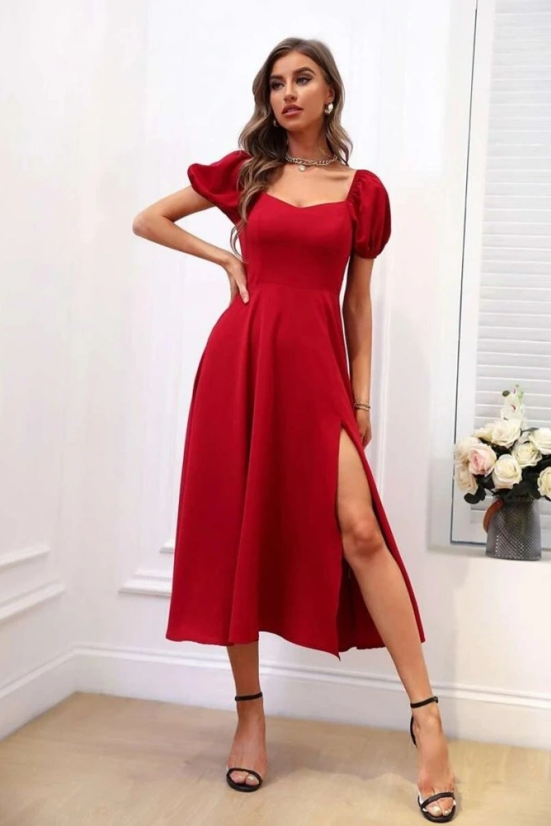 Kadın Kısa Kollu Kare Yakalı Yırtmaçlı Midi Janjan Krep Elbise