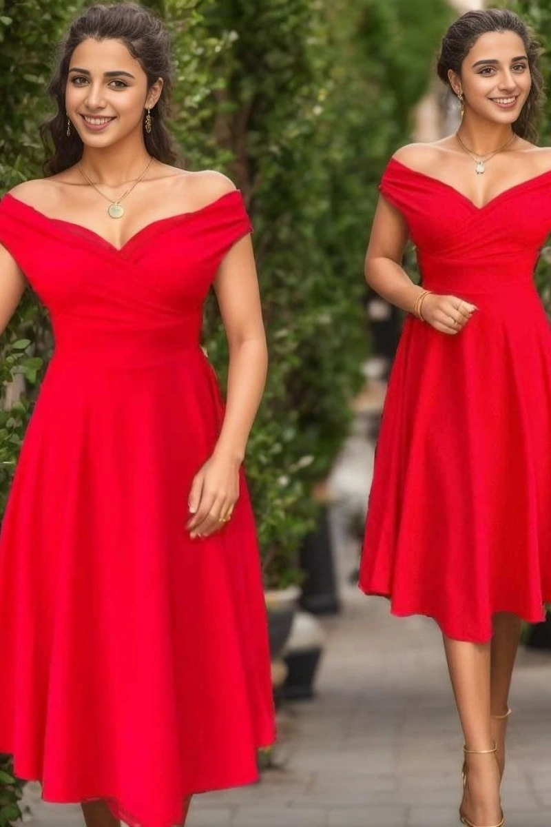 Kadın Kısa Kollu Kruvaze Yaka Eteği Volanlı Krep Elbise