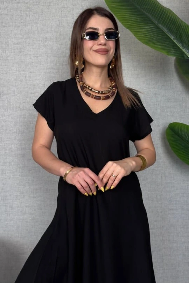 Kadın Kısa Kollu V Yaka Salaş Maxi Boy Elbise