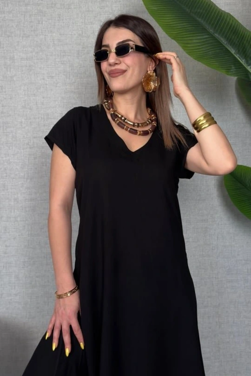 Kadın Kısa Kollu V Yaka Salaş Maxi Boy Elbise