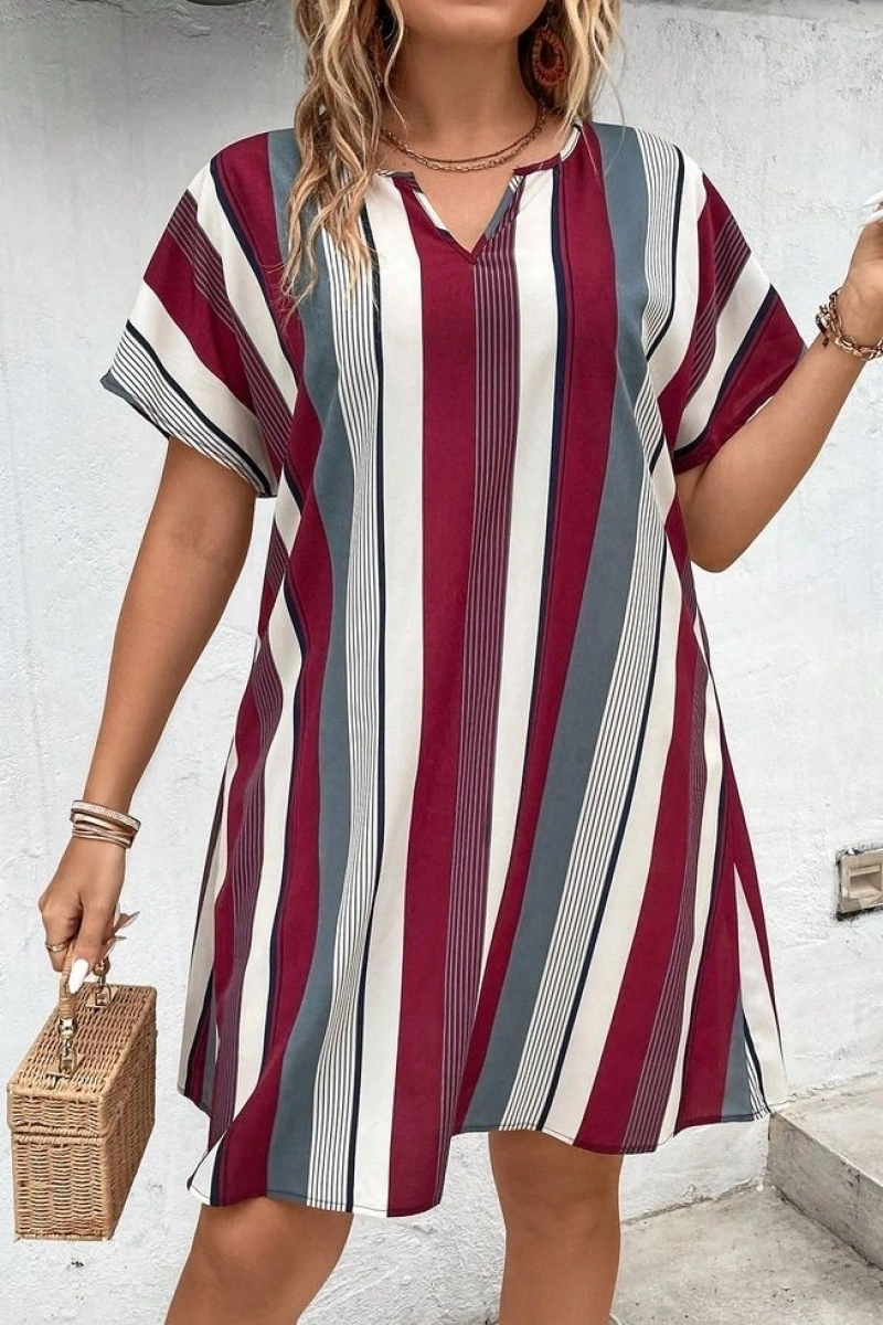 Kadın Kısa Kollu V Yakalı çizgi Baskılı Süprem Elbise