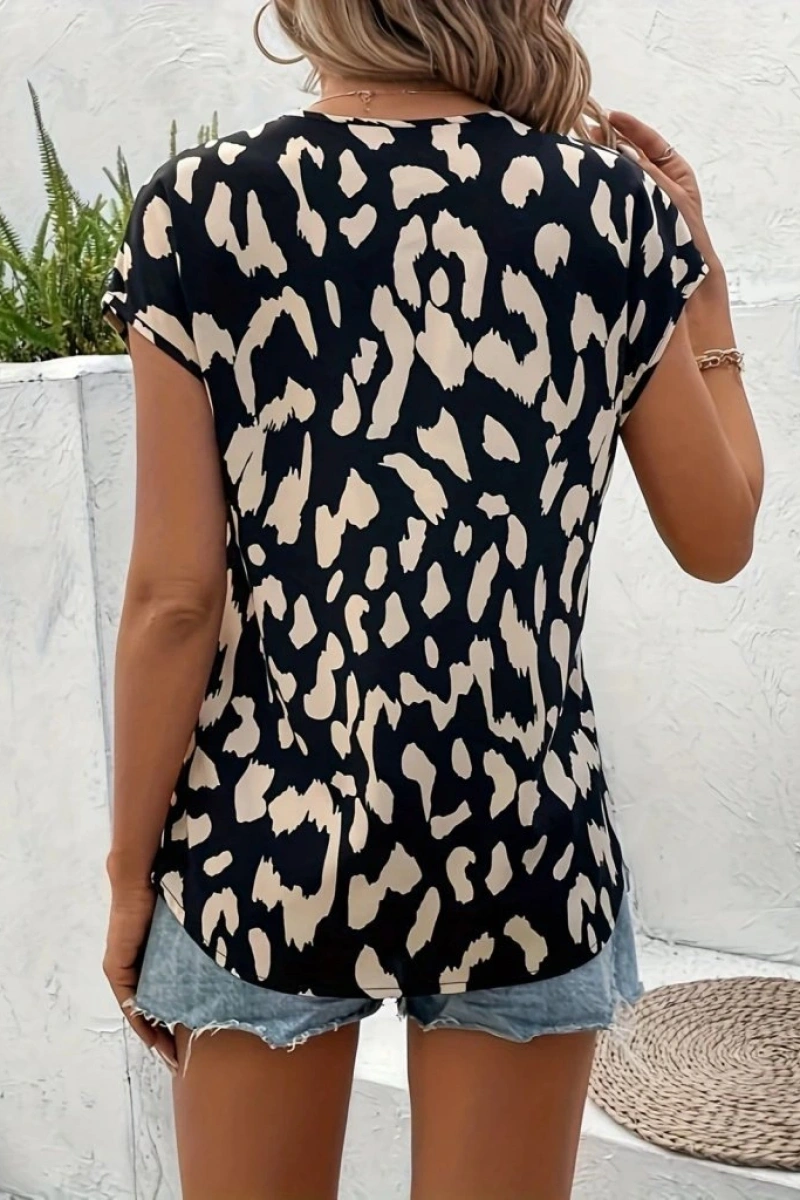 Kadın Kısa Kollu V Yakalı Desenli Süprem Bluz