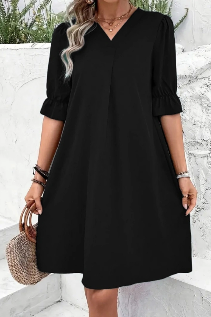 Kadın Kısa Kollu V Yakalı Salaş Janjan Krep Elbise