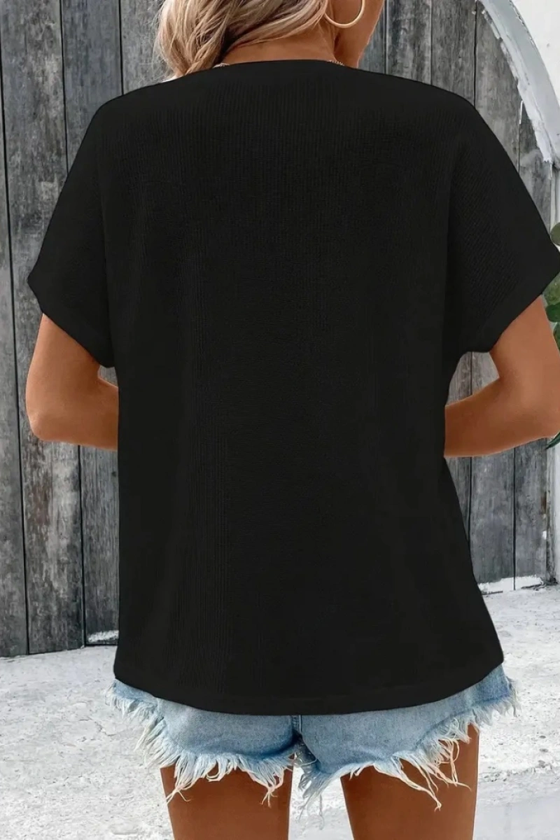 Kadın Kısa Kollu Yakası Açık önden Düğmeli Waffle Bluz