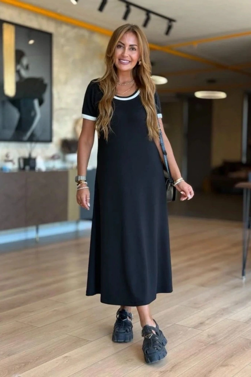 Kadın Kısa Kollu Yuvarlak Yaka Yandan Yırtmaçlı Midi Viskon Elbise