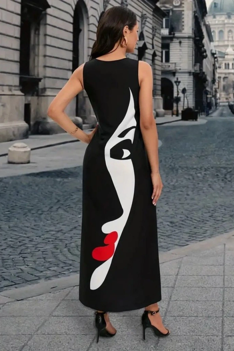 Kadın Sıfır Kol V Yakalı Kadın Yüz Desenli Süprem Elbise