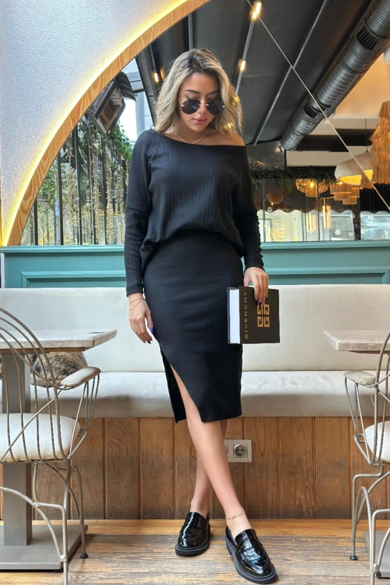 Kadın Uzun Kollu Düşük Omuz Yırtmaç Detay Kaşkorse Etek Bluz Ikili Takım