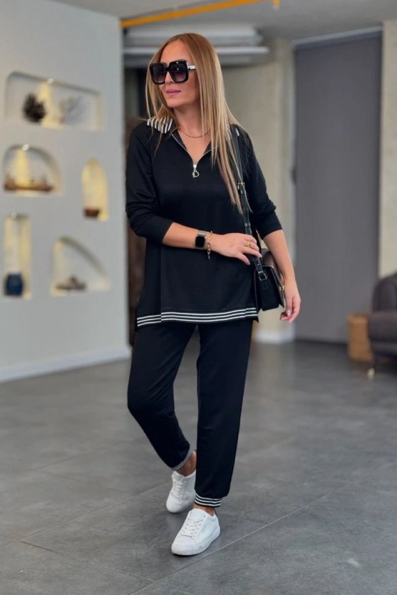 Kadın Uzun Kollu Ribana Ve Fermuar Detay Bluz Ve Yüksel Bel Pantolon 2li Takım