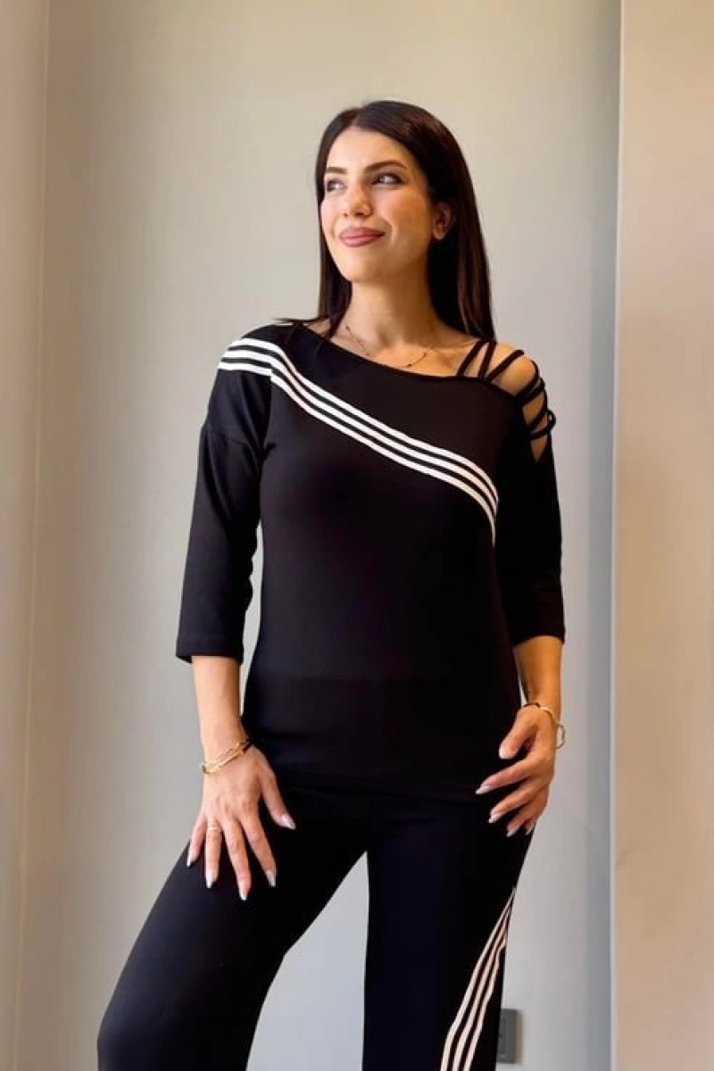 Kadın Uzun Kollu Truvakar Kol Tek Omuz çapraz şerit Detaylı Ribanalı Viskon Iki Iplik Bluz Ve Pantolon Ikili Takım