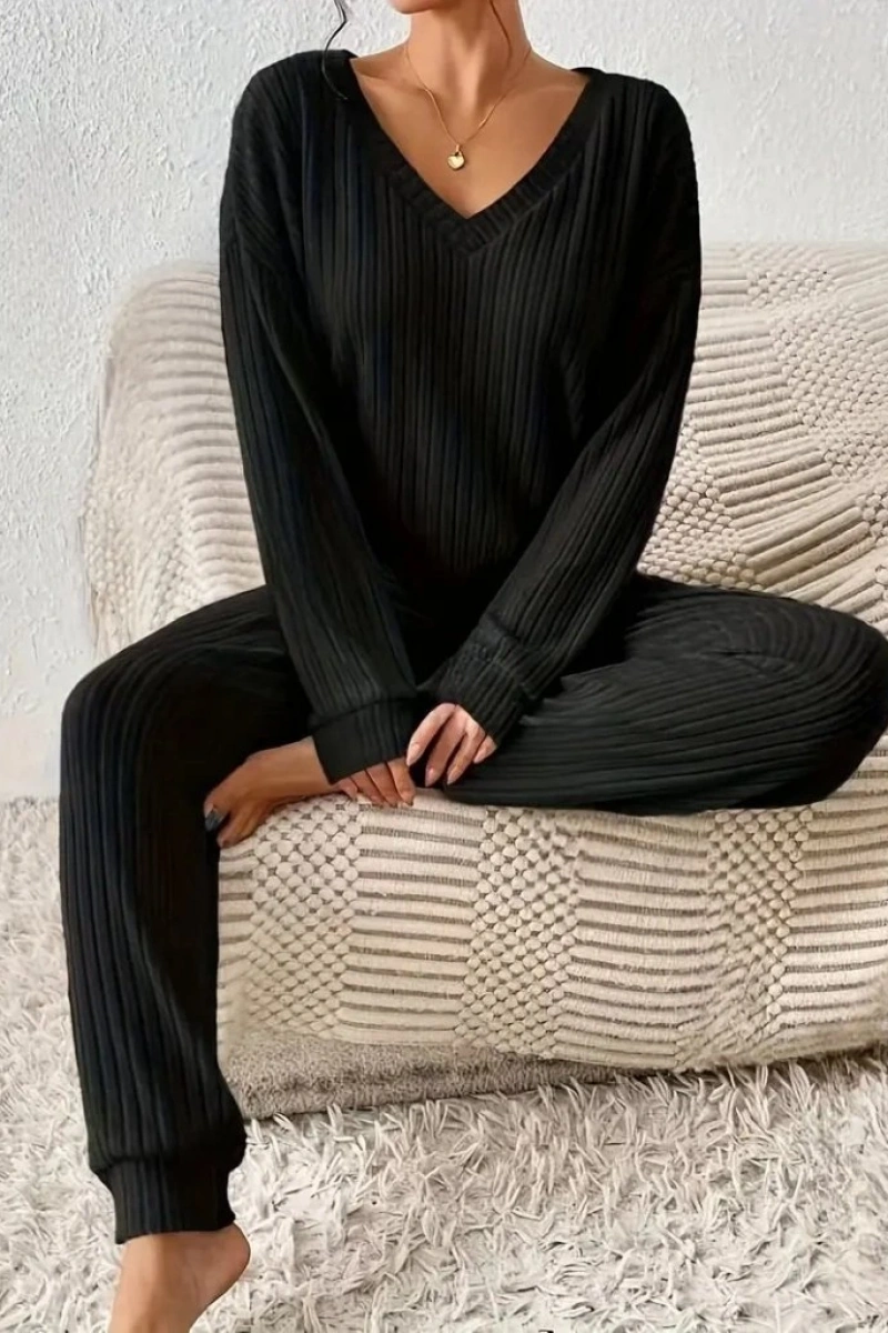 Kadın Uzun Kollu V Yakalı Kaşkorse Bluz Ve Pantolon Ikili Takım