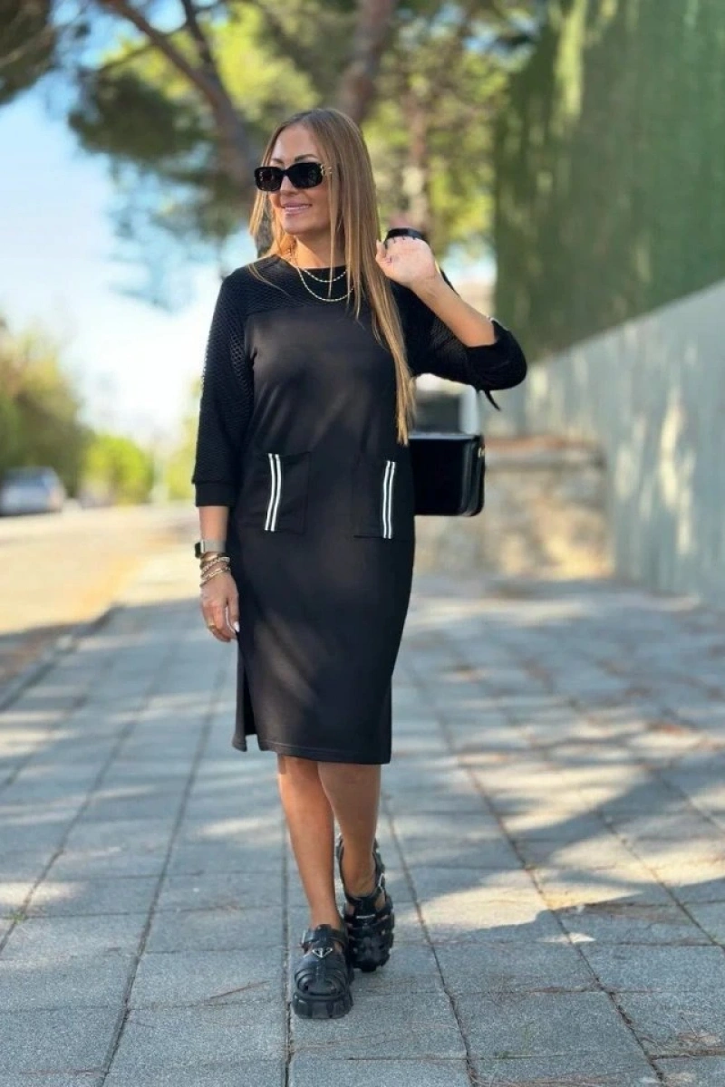 Kadın Viskon Pamuklu Kumaş Kol File , şerit Ve Cep Detaylı Elbise