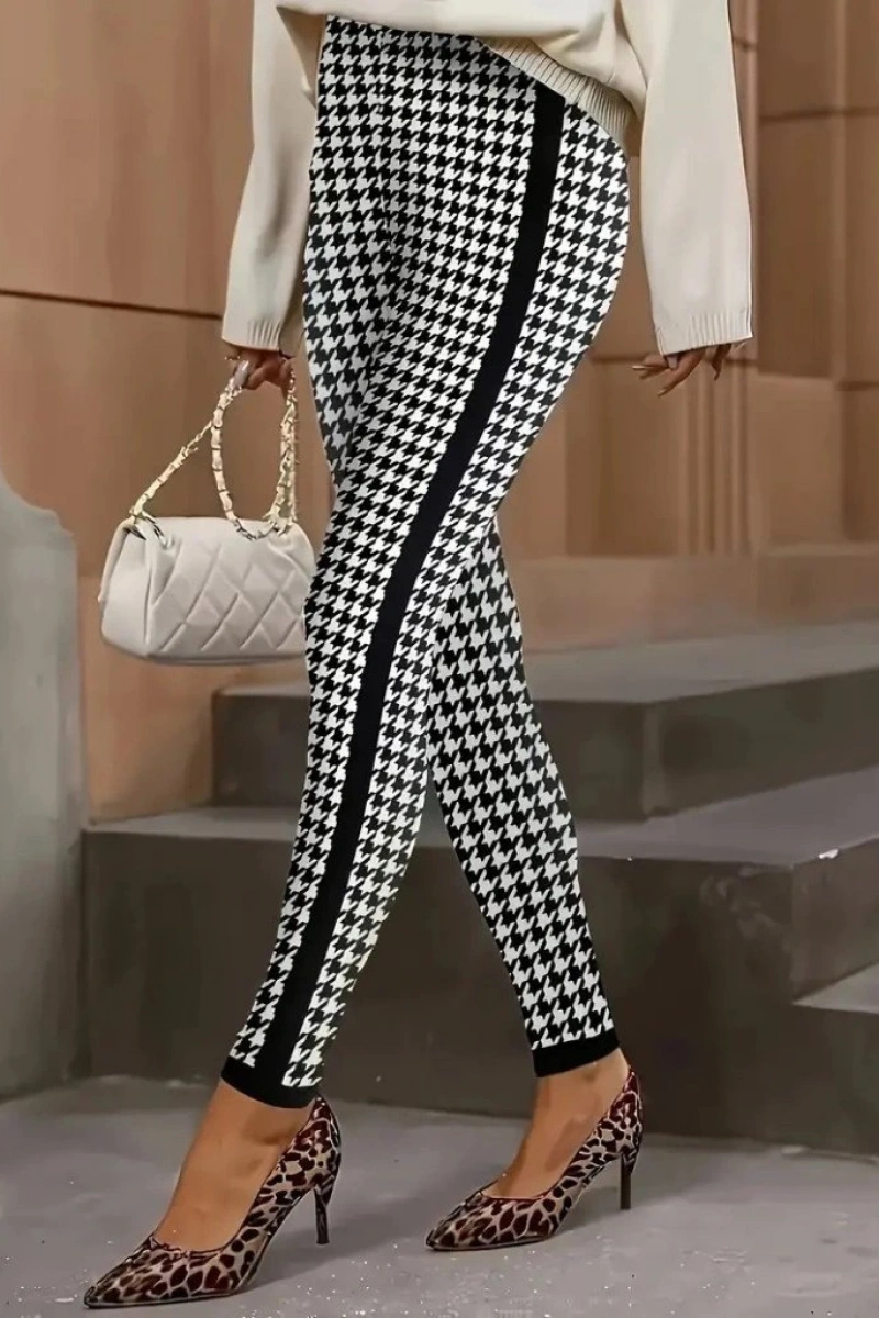 Kadın Yüksek Bel Kaz Ayağı Desenli Yanları şeritli Dalgıç Pantolon