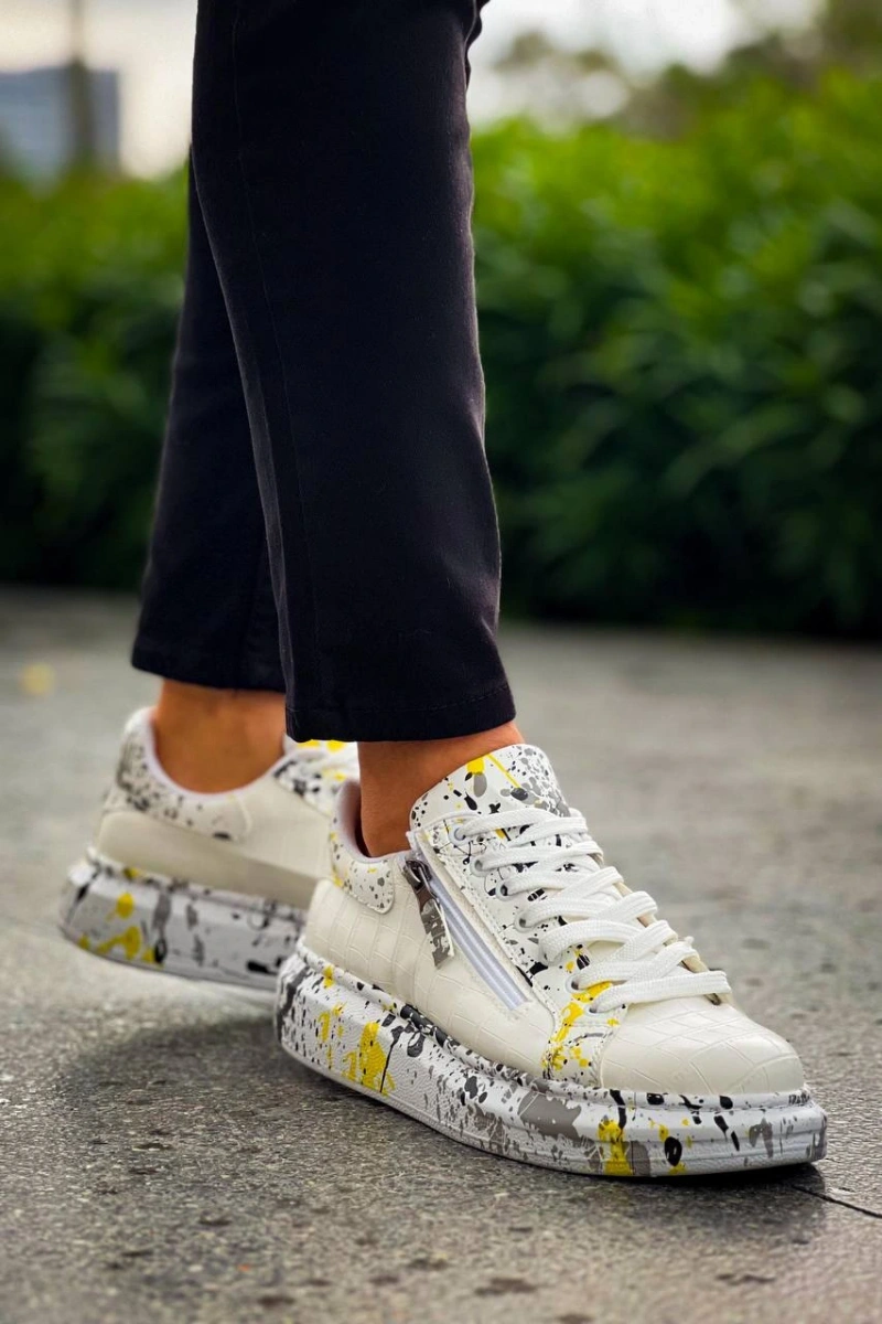 KB-02  Kuback  Bağcıklı Crocodile Beyaz Sarı Günlük Erkek Ayakkabı