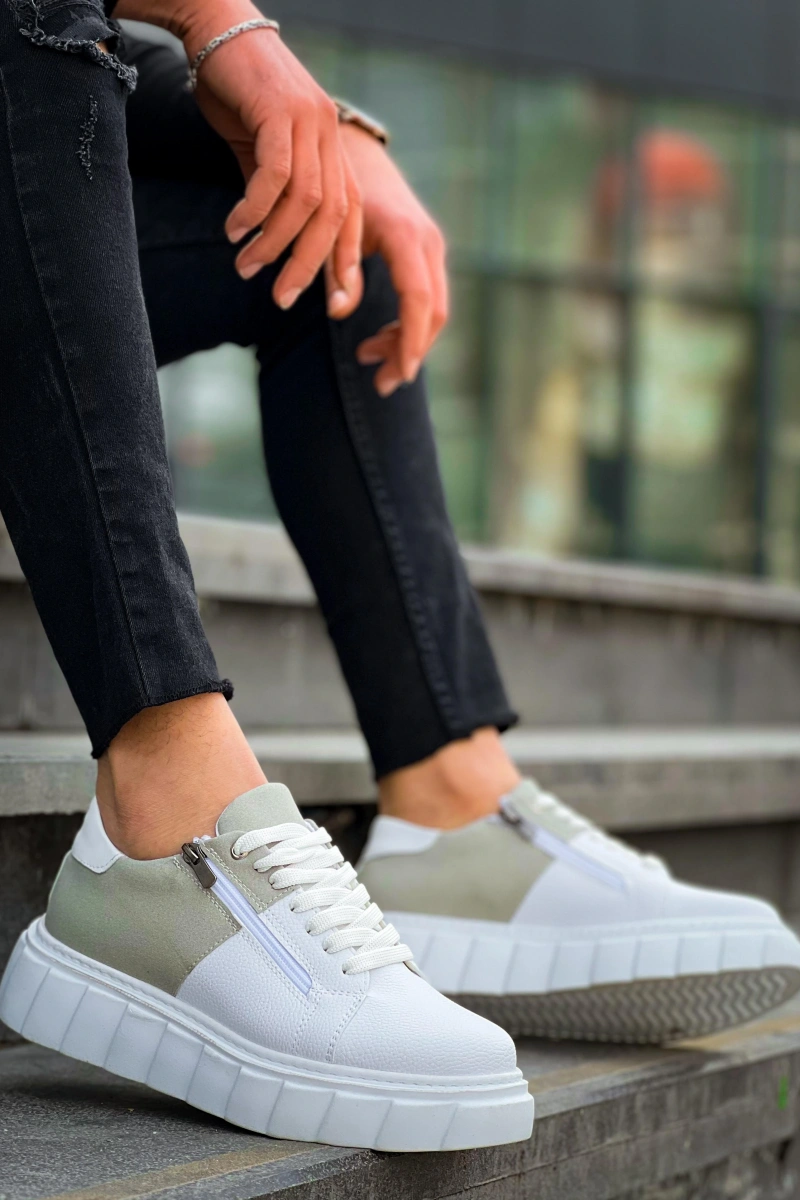 KB-X155 Kuback Beyaz Cilt Gri Süet Detaylı Beyaz Yüksek Taban Günlük Spor Ayakkabı