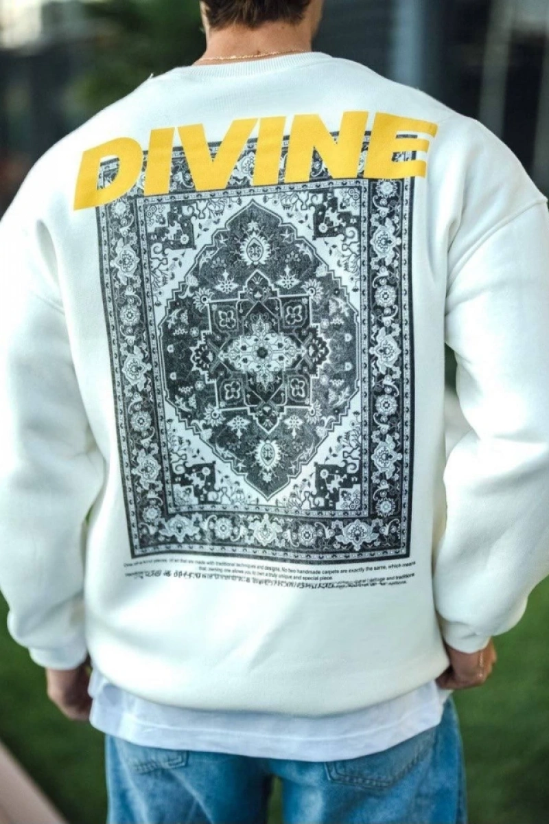Kışlık Bisiklet Yaka Baskılı SweatShirt - Beyaz