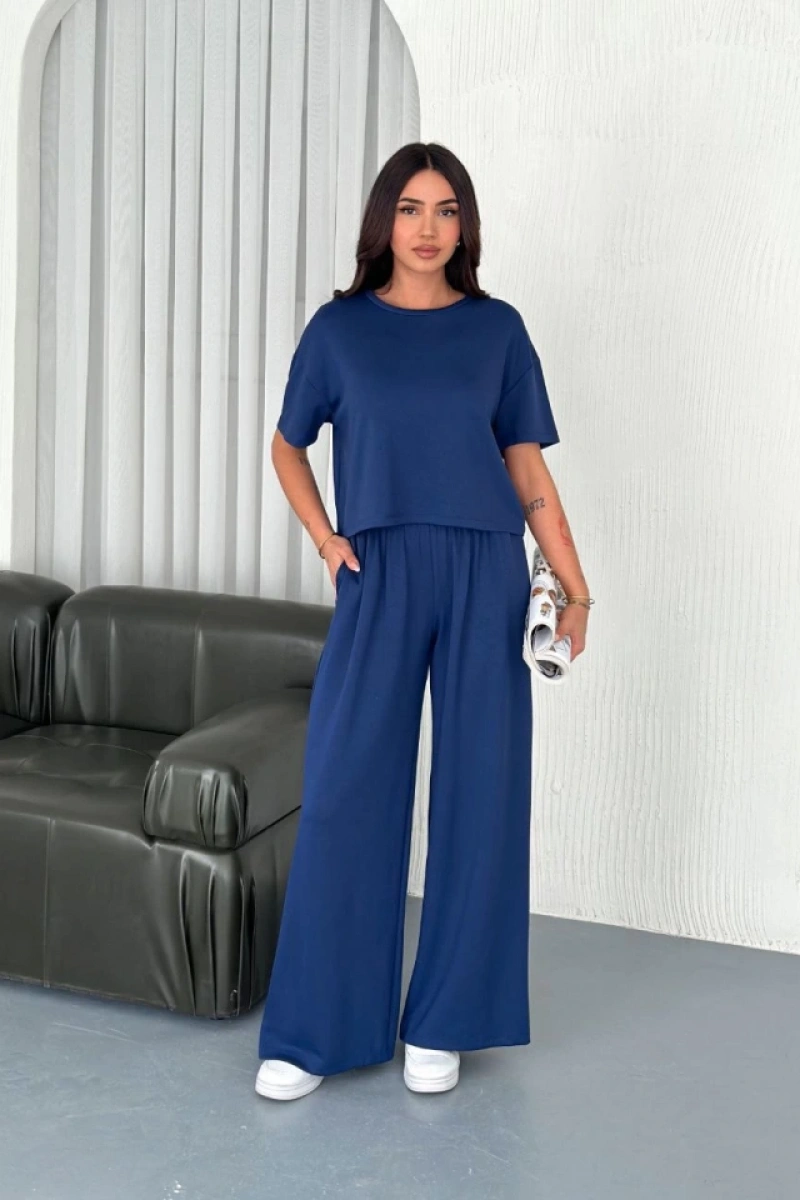 Osy Modal Yumuşak Dokulu Kumaş Bisiklet Yaka T-shirt Bol Paça Pantalon Ikili Takım -Saks Mavi