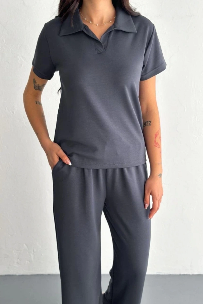 Osy Modal Yumuşak Dokulu Kumaş Kısa Kollu Yakalı T-shirt Pantalon Ikili Takım- Antrasit