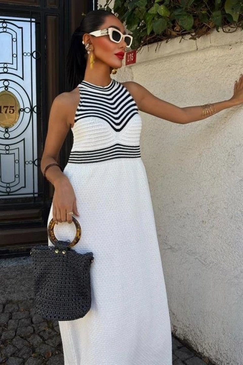 Roba Çizgili Uzun Triko Elbise 2858